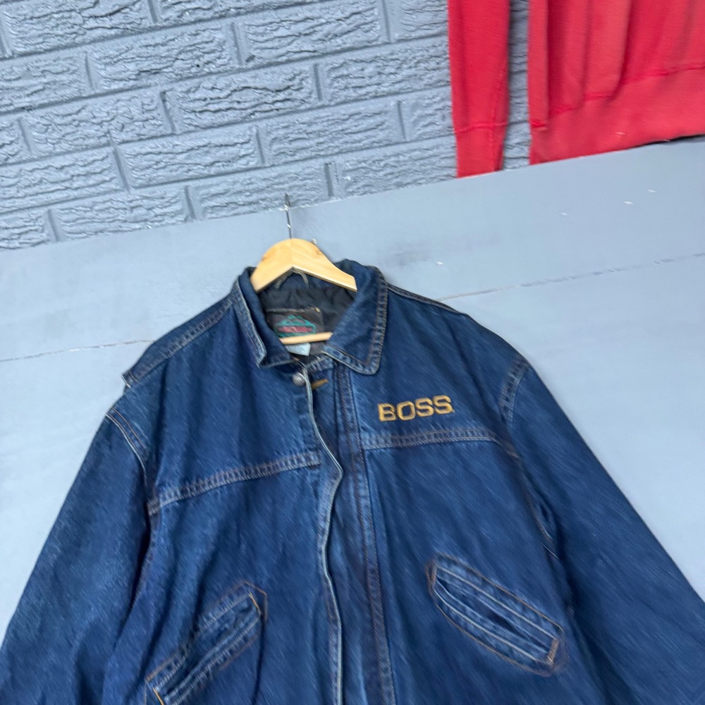 Vintage Boss Denim Barn Jacket Mens XL Blue Cotton Chore Coat Workwear Logo 90s‎